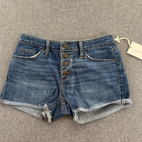 New Universal thread Jean Shorts High Rise 00/24 Buttons Cut off Fringe Cotton B - Picture 1 of 11